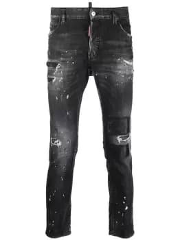 DSQUARED2 Ripped Leather Patch Skater Jeans Black