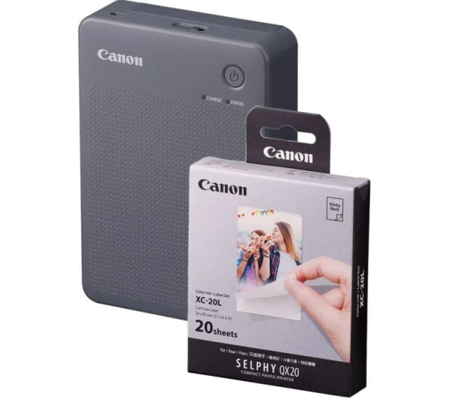 Canon SELPHY QX20 Portable Colour Photo Wireless Printer & XC-20L 54 x 85mm Photo Paper & Ink Set - Dark Grey, 20 Sheets, Silver/Grey 5055189045637