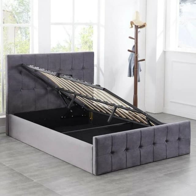 KOSY KOALA Ottoman Storage Bed grey 4ft 6 small double velvet and 1 Mattress cushioned bedroom Grey
