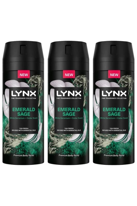 Lynx Fine Fragrance Emerald Sage Deo 'Body Spray' 150ml 3 Pack Green male