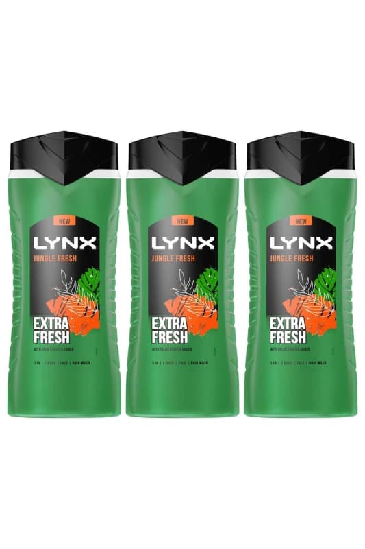 Lynx 3in1 Body, Face & Hair Wash 'Shower Gel' 500ml 3pk Green male