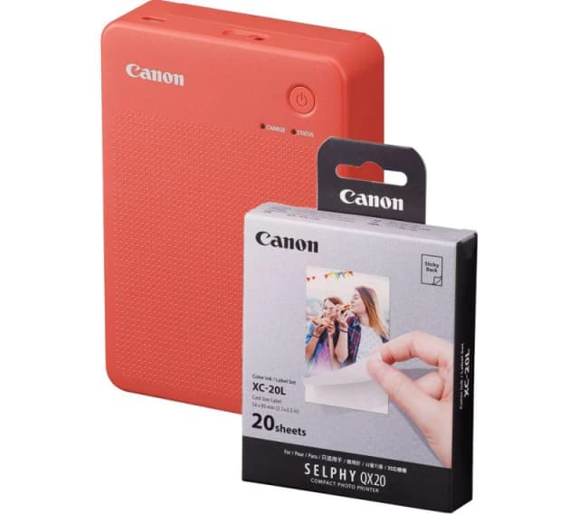 Canon SELPHY QX20 Portable Colour Photo Wireless Printer & XC-20L 54 x 85mm Photo Paper & Ink Set - Terracotta Red, 20 Sheets, Red 5055189045651