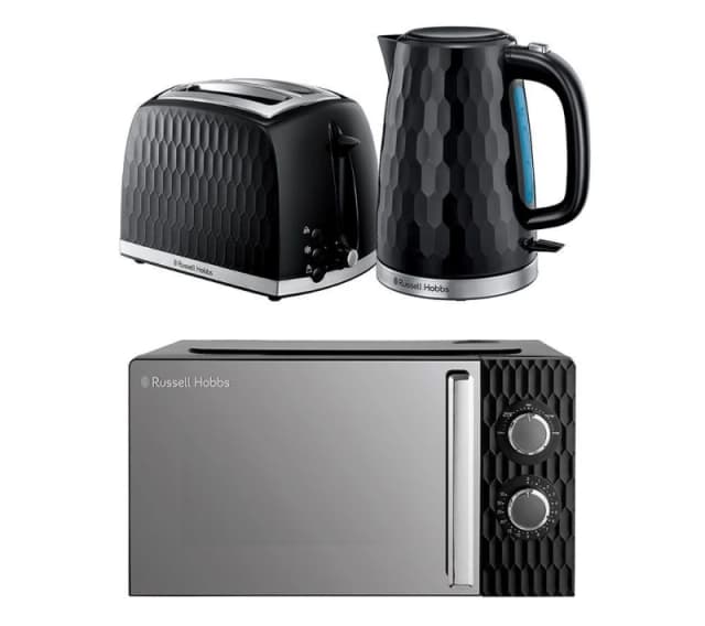Russell Hobbs Honeycomb Solo Microwave, Jug Kettle & 2-slice Toaster Bundle - Black 5056233840482