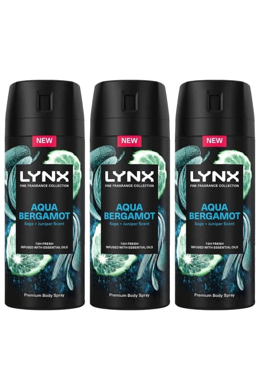 Lynx Fine Fragrance Aqua Bergamot Deo 'Body Spray'150ml 3 Pack Green male