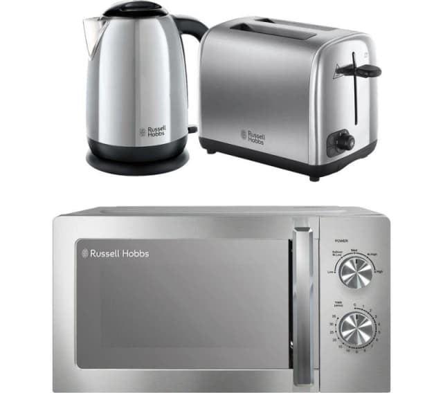 Russell Hobbs Classics Solo Microwave, Jug Kettle & 2-Slice Toaster Bundle - Polished Stainless Steel 5056233840567