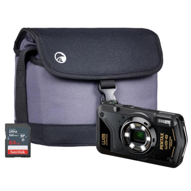 Pentax Pentax WG-8 20MP 5x Zoom Tough Compact Camera - Black (Camera + 64GB SD Card + Case) 01509+SANDISKBAG