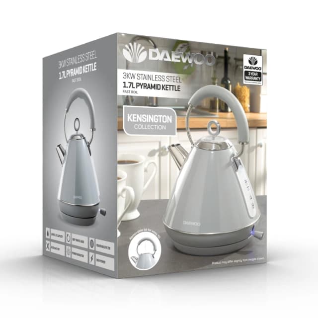 Daewoo Kensington 1.7 Litre 3KW Pyramid Kettle Rapid Boil Red SDA1578GE Grey