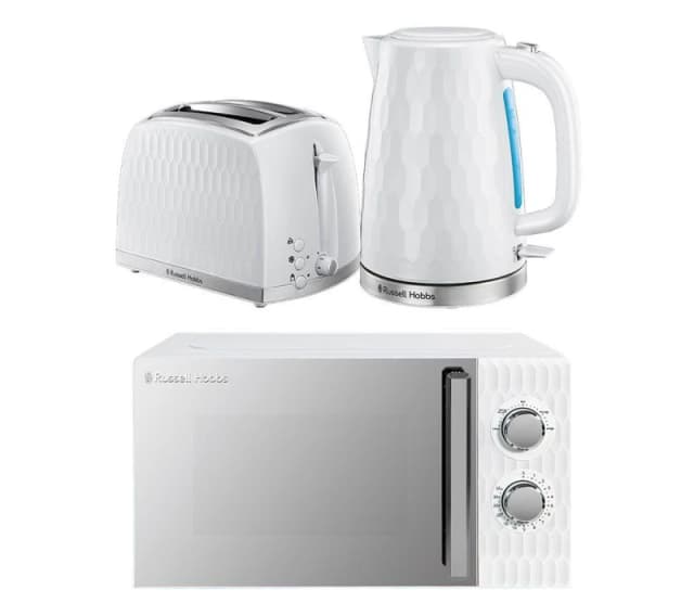 Russell Hobbs Honeycomb Solo Microwave, Jug Kettle & 2-Slice Toaster Bundle - White 5056233840468