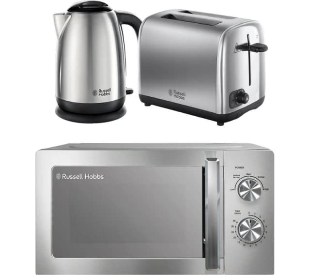 Russell Hobbs Classics Solo Microwave, Jug Kettle & 2-Slice Toaster Bundle - Brushed Stainless Steel 5056233840581